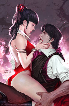 1boy 1girl alternate_hairstyle ascot bare_shoulders bare_tree bat_(animal) black_footwear black_hair black_vest boots bracelet collar collared_shirt dracula fire hair_ribbon hands_on_another&#039;s_face high_heel_boots high_heels highres in-hyuk_lee jewelry long_hair looking_at_another night one-piece_swimsuit outdoors ponytail purple_ascot purple_ribbon purple_vest red_nails red_one-piece_swimsuit red_ribbon ribbon shirt signature sitting sitting_on_lap sitting_on_person sleeves_rolled_up swimsuit tree vampire vampirella vampirella_(character) veins veiny_arms veiny_hands vest white_collar white_shirt