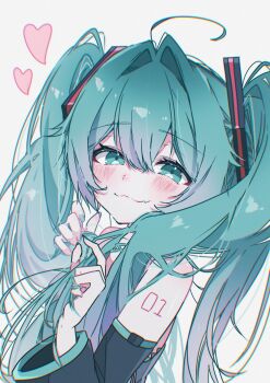 1girl ahoge aqua_eyes aqua_hair arm_tattoo blue_eyes blush closed_mouth commentary_request detached_sleeves fang grey_shirt hair_between_eyes hair_intakes hair_ornament hatsune_miku heart highres holding holding_own_hair long_hair looking_at_viewer number_tattoo ria_art shirt simple_background skin_fang smile solo tattoo twintails very_long_hair vocaloid white_background