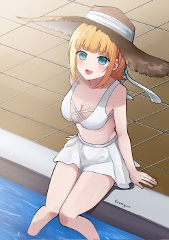 1girl aqua_eyes artist_name bikini bikini_skirt blonde_hair breasts hat highres large_breasts light_blush mem-cho open_mouth oshi_no_ko poolside short_hair smile soaking_feet solo straw_hat swimsuit tsunkyunn white_bikini