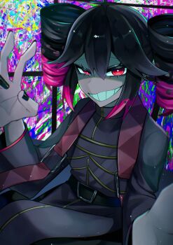 Rule 34 | 1girl, aotsuki00, belt, black belt, black hair, black nails, black sleeves, clenched teeth, drill hair, hair between eyes, highres, kasane teto, long sleeves, looking at viewer, q&amp;a (utau), red eyes, sitting, solo, teeth, twin drills, twintails, utau