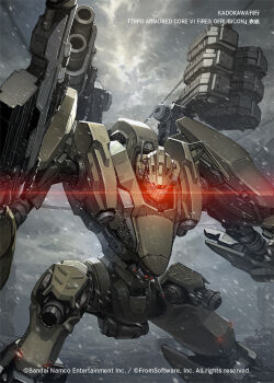 armored_core armored_core_vi:_fires_of_rubicon bandai_namco english_text fromsoftware glowing glowing_eye kadokawa mecha nightfall_(armored_core_vi) no_humans official_art outdoors robot snow snowing takayama_toshiaki