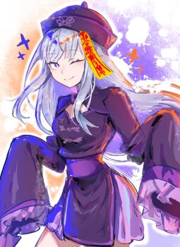 1girl ;&gt; alternate_costume aqua_pupils breasts china_dress chinese_clothes cleavage_cutout clothing_cutout colorful_background commentary_request cowboy_shot dress emilia_(re:zero) eyelashes ghost_pose gradient_background happy hat highres jiangshi_costume looking_at_viewer medium_breasts multicolored_hair nesigita_rezero nose_shade ofuda ofuda_on_head one_eye_closed orange_background paint_splatter parted_bangs pointy_ears purple_background purple_eyes qingdai_guanmao raised_eyebrows re:zero_kara_hajimeru_isekai_seikatsu simple_background sleeves_past_wrists smile solo swept_bangs white_hair