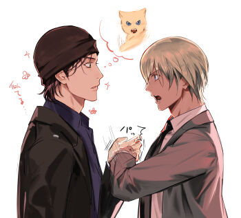 2boys akai_shuuichi amuro_tooru beanie black_hair black_jacket black_necktie blonde_hair blue_shirt grey_jacket hat highres hitting jacket kotomine_(a1569) male_focus meitantei_conan motion_lines multiple_boys necktie shirt short_hair simple_background speech_bubble spoken_animal thought_bubble translation_request white_background