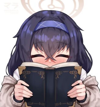 1girl absurdres black_hair blue_archive blue_hairband blush book brown_cardigan brown_halo cardigan closed_eyes covering_face facing_viewer fanbox_username hair_between_eyes hairband halo highres holding holding_book long_hair long_sleeves matsumaramara open_book pixiv_id shirt simple_background solo twitter_username ui_(blue_archive) white_background white_shirt