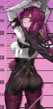 1girl arms_up ass black_jacket black_shorts boots breasts chain commentary_request cowboy_shot from_behind gun height_mark highres holding holding_gun holding_weapon honkai:_star_rail honkai_(series) jacket jacket_on_shoulders kafka_(honkai:_star_rail) large_breasts long_hair long_sleeves looking_at_viewer looking_back no_pupils pantyhose pantyhose_under_shorts parted_lips pink_background ponytail purple_eyes purple_hair purple_pantyhose saint_laurent_paris shirt shorts single_thigh_boot smile solo spider_web_print thigh_boots weapon white_shirt