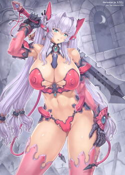 1girl :d armor bikini bikini_armor blue_eyes breasts cameltoe cleavage comic_unreal covered_erect_nipples crescent_moon curvy female_focus gauntlets highres holding large_breasts light_purple_hair long_hair midriff mogudan moon open_mouth pink_thighhighs robot_ears smile solo swimsuit sword thighhighs twintails very_long_hair weapon