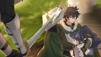 1girl 2boys arm_armor battle belt black_belt black_hair blocking blurry blurry_background bow cape clenched_teeth dress fingerless_gloves fur-trimmed_cape fur_trim game_cg gloves grass green_cape green_eyes hair_bow highres holding holding_sword holding_weapon hug iwatani_naofumi melty_q_melromarc messy_hair multiple_boys non-web_source official_art outdoors protecting purple_bow purple_dress purple_eyes purple_hair shield sparkle sword tate_no_yuusha_no_nariagari tate_no_yuusha_no_nariagari_rise teeth twintails two-handed weapon