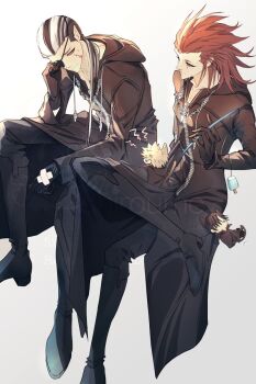 Rule 34 | 1girl, 3boys, animal ears, axel (kingdom hearts), bandaid, bandaid on hand, black boots, black hair, black robe, blonde hair, boots, cat boy, cat ears, cat girl, cat tail, chibi, commentary request, crossed bandaids, crossed legs, eyepatch, facial mark, facial scar, hair between eyes, hair slicked back, highres, holding cat teaser, hood, hood down, hooded robe, ice cream bar, kemonomimi mode, kingdom hearts, kingdom hearts 358/2 days, long hair, low ponytail, male focus, multicolored hair, multiple boys, ponytail, red hair, robe, roxas, scar, scar on cheek, scar on face, short hair, sideburns, sitting, srum su28, streaked hair, sweatdrop, tail, white hair, xigbar, xion (kingdom hearts)