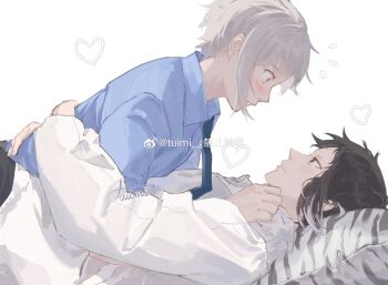 2boys akutagawa_ryuunosuke_(bungou_stray_dogs) animal_print black_eyes black_pants blue_shirt blush bungou_stray_dogs cuddling highres hug looking_at_another multicolored_eyes multicolored_hair multiple_boys nakajima_atsushi_(bungou_stray_dogs) necktie pants pillow shirt tuimi two-tone_hair white_background white_hair white_shirt yaoi