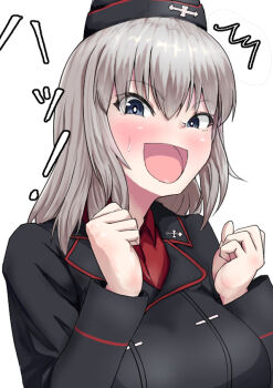Rule 34 | 1girl, blue eyes, blush, garrison cap, girls und panzer, grey hair, happy, hat, itsumi erika, kuromorimine military uniform, looking at viewer, open mouth, solo, yahow