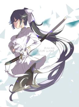 1girl azur_lane black_hair black_pantyhose bow character_name commentary_request copyright_name from_side gloves hair_bow half_gloves harunohotaru holding holding_sword holding_weapon jacket long_hair long_sleeves miniskirt pantyhose pleated_skirt scabbard sheath sheathed skirt solo sword takao_(azur_lane) unsheathing very_long_hair weapon white_bow white_gloves white_jacket white_skirt yellow_eyes