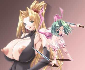 2girls ankle_cuffs armpits ass bare_shoulders blonde_hair blush bow breasts cleavage_cutout clothing_cutout covered_erect_nipples dagger dominatrix earrings ellis_(toushinden) green_eyes green_hair huge_breasts jewelry knife large_breasts leotard lipstick long_hair makeup multiple_girls necklace nipples parted_bangs ponytail ribbon running see-through_clothes shiragi shoes short_hair smile sofia sofia_(toushinden) tamsoft toushinden weapon wrist_cuffs