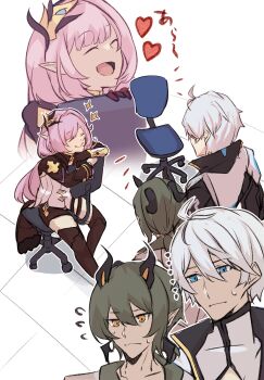 1girl 2boys absurdres ahoge black_horns black_shorts blue_eyes chair coat commentary_request elf elysia_(honkai_impact) elysia_(miss_pink_elf)_(honkai_impact) gonnbe_fofo green_hair heart highres honkai_(series) honkai_impact_3rd horns kevin_kaslana kosma long_hair multiple_boys on_chair orange_eyes pink_hair pointy_ears short_hair short_shinai shorts sitting sitting_backwards swivel_chair very_long_hair white_coat white_hair