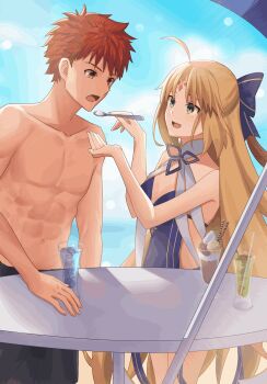 Rule 34 | absurdres, artoria caster (fate), artoria caster (swimsuit berserker) (third ascension) (fate), artoria pendragon (fate), beach, blonde hair, blue sky, commission, emiya shirou, facial tattoo, fate/grand order, fate (series), food, green eyes, hair ribbon, highres, ice cream, non-web source, orange hair, ribbon, senji muramasa (fate), skeb commission, sky, swimsuit, tattoo, torso, yu sakae