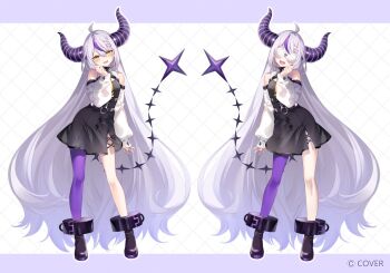 1girl absurdly_long_hair ahoge bare_shoulders black_boots black_dress boots commentary_request demon_girl demon_horns demon_tail dress full_body grey_hair hair_between_eyes hand_up hololive horns la+_darknesss long_hair long_sleeves looking_at_viewer multiple_views official_art pantyhose purple_hair purple_pantyhose riichu simple_background single_leg_pantyhose standing tail very_long_hair virtual_youtuber yellow_eyes