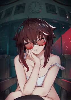 1girl ahoge bare_shoulders black_thighhighs bottomless bra breasts brown_hair chair clock collarbone evil_grin evil_smile fingernails glasses grin hair_between_eyes hair_flaps half-closed_eyes hand_on_own_face highres indoors liz_(nin_fake) looking_at_viewer medium_hair nin_fake original photo_(object) red-tinted_eyewear red_eyes round_eyewear sidelocks sitting smile solo strap_slip sunglasses teeth thighhighs tinted_eyewear underwear wall_clock