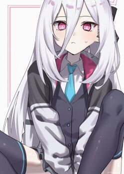 1girl asupa_mayo0210 black_skirt black_thighhighs blue_archive blue_necktie border collared_shirt commentary_request hair_between_eyes halo highres kei_(blue_archive) kei_(new_body)_(blue_archive) long_hair long_hair_between_eyes long_sleeves necktie pink_border pink_eyes pink_halo ringed_eyes shirt simple_background skirt solo thighhighs very_long_hair white_background white_hair white_shirt