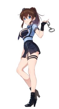 1girl armband belt belt_buckle black_belt black_boots black_bra black_gloves black_shorts blue_armband blue_eyes blue_hat blue_necktie blue_shirt blue_skirt blush boots bra breast_pocket brown_hair buckle chest_harness collared_shirt commentary concept_police_(idolmaster) cuffs dot_nose emblem fingerless_gloves full_body garrison_cap garter_straps gloves handcuffs harness hat highres idolmaster idolmaster_million_live! idolmaster_million_live!_theater_days kamille_(vcx68) looking_at_viewer mini_hat miniskirt necktie open_clothes open_shirt pencil_skirt pleated_skirt pocket police police_badge police_uniform policewoman ponytail satake_minako shirt shirt_tucked_in short_shorts short_sleeves shorts side_slit simple_background skirt smile solo thigh_strap tilted_headwear underwear white_background zipper zipper_pull_tab zipper_skirt