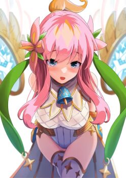 Rule 34 | 1girl, arms behind back, bell, blonde hair, blue hair, breasts, commentary request, duel masters, flower, gold trim, gradient eyes, green hair ornament, hair flower, hair ornament, high ponytail, highleg, highleg leotard, highres, leaning forward, leotard, long hair, looking at viewer, mesh, multicolored eyes, multicolored hair, open mouth, orange hair, pink eyes, pink hair, ponytail, rafululu love (duel masters), short ponytail, sidelocks, solo, thighhighs, weapon, white leotard, white thighhighs, yukke jan