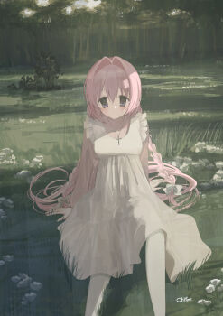 1girl blush bow braid chihuri closed_mouth commentary_request day dress feet_out_of_frame flower grass hair_between_eyes hair_bow hair_intakes highres jacket long_hair long_sleeves looking_at_viewer nea_(chihuri) open_clothes open_jacket original outdoors pantyhose pink_hair pink_jacket puffy_long_sleeves puffy_sleeves purple_eyes sitting sleeveless sleeveless_dress solo tree twin_braids very_long_hair white_bow white_dress white_flower white_pantyhose