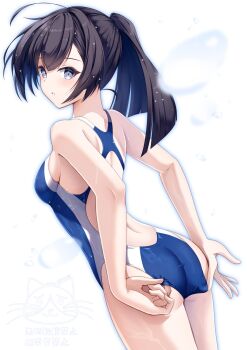 1girl adjusting_clothes adjusting_swimsuit akizuki_(kancolle) ass back black_hair blue_one-piece_swimsuit blush commentary_request competition_swimsuit hachimaki hachiware_(8ware63) headband highres kantai_collection long_hair looking_at_viewer looking_back md5_mismatch one-piece_swimsuit ponytail resolution_mismatch smile solo source_smaller swimsuit