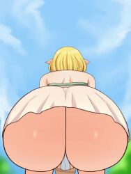 1girl 1other animated ass ass_focus close-up cloud korok lowres nintendo outdoors partially_visible_vulva pointy_ears princess_zelda sky solo_focus squatting the_legend_of_zelda the_legend_of_zelda:_tears_of_the_kingdom the_only_shoe thighs thong upskirt video