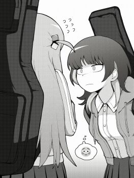 Rule 34 | 2girls, blunt bangs, bocchi the rock!, chib0b, closed mouth, collared shirt, crossover, cube hair ornament, dress shirt, emoji, flushed face emoji, flying sweatdrops, fujii ayame, futsuu no keion-bu, gotoh hitori, greyscale, guitar case, hair ornament, highres, hood, hood down, hooded jacket, image in thought bubble, instrument case, instrument case on back, instrument connection, jacket, leaning forward, long hair, looking at another, monochrome, multicolored hair, multiple girls, nervous, one side up, open clothes, open jacket, pleated skirt, school uniform, screentones, shirt, shirt tucked in, short sleeves, simple background, skirt, track jacket, trait connection, tsurime, two-tone hair, upper body, white background, wing collar, wolf cut