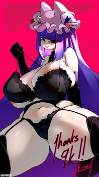 1girl absurdres areola_slip black_eyes bra breasts crr001 elbow_gloves gloves gluteal_fold groin hat highres huge_breasts lingerie mob_cap patchouli_knowledge pulling pussy smile smug spread_legs teasing touhou underwear underwear_only