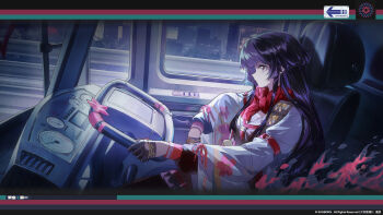 Rule 34 | 1girl, absurdres, artist request, black hair, copyright notice, dashboard, driving, from side, girls' frontline, girls' frontline 2: exilium, gloves, half gloves, highres, official art, official wallpaper, red scarf, sakura (girls' frontline 2), scarf, second-party source, sitting, solo, type 100 (girls' frontline), vehicle interior