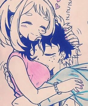 1boy 1girl artist_request blush_stickers boku_no_hero_academia breasts freckles hetero highres hug izuocha medium_breasts midoriya_izuku pale_color short_hair sidelocks uraraka_ochako