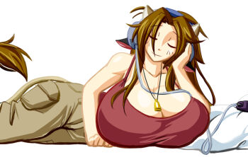 1girl animal_ears bare_shoulders breasts brown_hair cleavage closed_eyes cow_ears cow_girl cow_horns cow_tail cowbell dot_nose graph_(graphiteknight) headphones horns huge_breasts long_hair lying mattie_(ego_trigger) original pants pillow red_shirt shirt sleeveless smile solo tail white_background