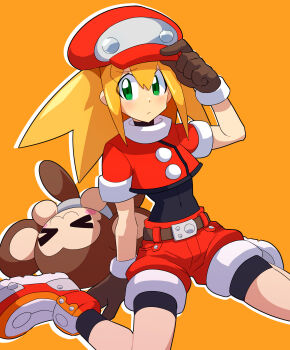 1girl absurdres black_bodysuit blonde_hair bodysuit bodysuit_under_clothes brown_gloves newsboy_cap covered_navel cropped_jacket data_(mega_man) gloves green_eyes hat highres jacket looking_down medium_hair mega_man_(series) mega_man_legends_(series) monkey non-humanoid_robot omeehayo orange_background red_hat red_jacket red_shorts robot robot_animal roll_caskett_(mega_man) shorts sleeves_rolled_up