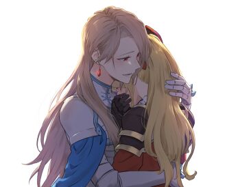 2girls black_bow blonde_hair blush bow breasts cleavage collarbone comforting couple crying dress earrings granblue_fantasy grey_shirt hair_bow high_ponytail highres jewelry katalina_(granblue_fantasy) long_hair medium_breasts miso-ha_(ukyuu) multiple_girls ponytail red_bow red_sleeves shirt smile straight_hair strapless strapless_dress tears two-tone_bow vira_(granblue_fantasy) yuri