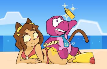 1boy 1girl absurdres alternate_costume animal_ears beach bikini breasts brown_hair cat_ears cat_girl cat_tail dinosaur furry furry_female gameoverse gobbles_(gameoverse) highres huge_breasts judacris kit_bodega official_alternate_costume pink_eyes short_hair swimsuit tail thick_thighs thighs wide_hips yellow_bikini
