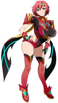 1girl artist_request hand_on_own_hip kuroinu_~kedakaki_seijo_wa_hakudaku_ni_somaru~ looking_at_viewer maia_(kuroinu) pyra_(xenoblade)_(cosplay) red_eyes red_hair short_hair smile solo tagme thighhighs xenoblade_chronicles_(series)