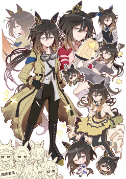 >_< 6+girls absurdres ahoge animal_ears asymmetrical_shirt black_boots black_dress black_gloves black_hair black_pants black_shirt black_shorts boots brown_eyes brown_hair chibi closed_eyes closed_mouth clothing_cutout coat dream_journey_(umamusume) dress ear_covers eyewear_strap fenomeno_(umamusume) glasses gloves goggles goggles_around_neck gold_ship_(umamusume) grey_skirt hair_between_eyes hand_fan heart highres holding holding_fan holding_sign horse_ears horse_girl horse_tail jacket knife_sheath layered_skirt long_hair looking_at_viewer loose_socks meni_shuki_rush-sshu! multicolored_hair multiple_girls nakayama_festa_(umamusume) one_eye_closed open_mouth orfevre_(umamusume) pants pantyhose pillbox_hat red_jacket rere_tu2 sheath shirt shorts shoulder_cutout sign skirt smile socks sparkle stay_gold_(sunlit_outsider)_(umamusume) stay_gold_(umamusume) stay_gold_clan_(umamusume) tail torn_clothes torn_coat tracen_training_uniform track_jacket translation_request umamusume white_hair white_shirt yellow_coat yellow_skirt