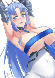 Rule 34 | 1girl, absurdres, alsace (azur lane), armpits, arms up, azur lane, bare shoulders, belt, between breasts, black belt, black tiara, blue eyes, blue hair, blush, breast strap, breastless clothes, breasts, cleavage, collarbone, commentary, covered navel, cowboy shot, deera indrawan, detached collar, dress, gauntlets, hair ornament, highres, large breasts, long hair, looking at viewer, no mask, nose blush, open mouth, parted bangs, ribbon, sidelocks, signature, simple background, solo, standing, strap between breasts, tiara, underbust, very long hair, white background, white dress