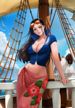 1boy 1girl absurdres against_railing bird black_hair blue_jacket blue_sky boat breasts cleavage cloud cloudy_sky collarbone commentary cropped_jacket day eyewear_on_head floral_print_sarong green_eyes gumroad_username hair_slicked_back hat highres jacket jyundee long_hair looking_at_viewer midriff monkey_d._luffy navel nico_robin nico_robin_(return_to_sabaody) ocean one_piece orange-tinted_eyewear parted_lips partially_unzipped patreon_username pink_sarong railing sarong seagull short-sleeved_jacket short_sleeves sitting sky straw_hat sunglasses tinted_eyewear watercraft watermark web_address zipper