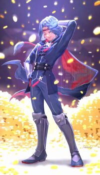 Rule 34 | 1boy, artist name, black boots, black cape, black gloves, black jacket, black pants, blue hair, boots, brown eyes, cape, circlet, coin, commentary request, earrings, falling money, full body, gloves, gold coin, hand on own hip, hand up, hawkeye (seiken densetsu 3), highres, jacket, jewelry, male focus, one eye closed, pants, parted bangs, parted lips, red cape, seiken densetsu, seiken densetsu 3, short hair with long locks, smile, smirk, solo, standing, taruneko2006, tassel, two-sided cape, two-sided fabric