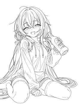 1girl arazand beer_bottle blush bottle breasts drunk hair_between_eyes highres holding holding_bottle hood hoodie long_hair looking_at_viewer open_mouth original shorts simple_background sitting small_breasts smile solo teeth thighhighs upper_teeth_only very_long_hair wariza white_background