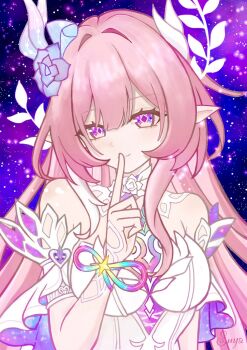 1girl artist_name bare_shoulders breasts commentary_request cyrene_(honkai:_star_rail) cyrene_(ripples_of_past_reverie)_(honkai:_star_rail) diamond-shaped_pupils diamond_(shape) dress finger_to_mouth flower hair_flower hair_ornament highres honkai:_star_rail honkai_(series) large_breasts long_hair looking_at_viewer pink_hair pointy_ears purple_eyes shushing sky solo star_(sky) starry_sky suya_illust symbol-shaped_pupils very_long_hair white_dress