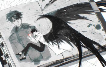 2boys black_hair black_shirt black_wings blood blood_splatter coat commentary curled_up demon_horns drawing_(object) english_commentary feathered_wings highres horns ink_splatter kim_dokja knees_up looking_at_viewer lying male_focus multiple_boys omniscient_reader&#039;s_viewpoint on_side open_clothes open_coat oversized_object pen shirt short_hair too_many_papers twle white_coat wings yoo_joonghyuk