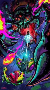 Rule 34 | absurdres, arm cannon, armor, artist name, assault visor, blue visor, bug, fangs, fireball, full armor, highres, metroid, metroid fusion, monster, nintendo, power armor, power suit (metroid), samus aran, signature, spider, varia suit, weapon, yakuza (metroid), yasukuni kazumasa