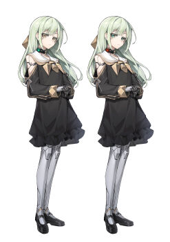 1girl absurdres android animal_collar bang_dream! bang_dream!_it&#039;s_mygo!!!!! bare_shoulders black_collar black_dress black_footwear bow brown_bow caoshichong chinese_commentary closed_mouth clothing_cutout collar commentary_request dress expressionless frilled_dress frills full_body green_eyes green_hair hair_bow highres knees long_hair long_sleeves looking_at_viewer mary_janes mechanization medium_dress own_hands_together sailor_collar shoes shoulder_cutout simple_background standing tachi-e variations wakaba_mutsumi white_background white_sailor_collar yellow_eyes