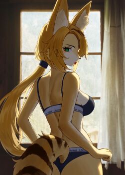 1girl absurdres animal_ear_fluff animal_ears back black_bra black_panties blonde_hair bra breasts commentary day from_behind furry furry_female green_eyes highres indoors large_breasts long_hair looking_at_viewer looking_back panties pulchra_fellini solo tail tongue tongue_out underwear unfinished very_long_hair yamisroot zenless_zone_zero