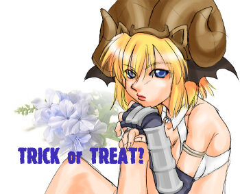 Rule 34 | 1girl, 2000s (style), bat wings, bikini, black gloves, black wings, blonde hair, blue eyes, brown horns, closed mouth, commentary request, curled horns, fake horns, fingerless gloves, flower, gloves, grey flower, head wings, horns, lips, looking at viewer, niginigi, ragnarok online, short hair, sitting, solo, swimsuit, trick or treat, vambraces, white background, white bikini, whitesmith (ragnarok online), wings
