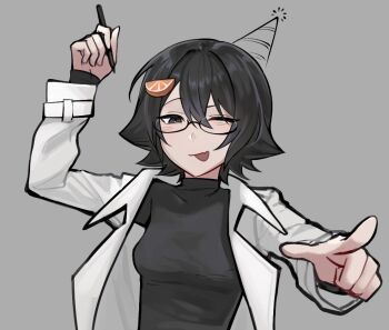 Rule 34 | 1girl, :p, ;p, black eyes, black shirt, coat, fang, food-themed hair ornament, hair ornament, han sooyoung, han sooyoung (1863rd turn), holding, holding pen, keomikan, omniscient reader's viewpoint, one eye closed, open clothes, open coat, orange hair ornament, pen, pointing, pointing at viewer, popped collar, shirt, skin fang, solo, tongue, tongue out, upper body, white coat