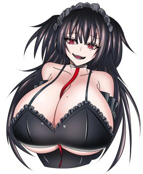 1girl absurdres bare_shoulders between_breasts black_bra black_corset black_dress black_hair black_nails borrowed_character bra breasts collar commentary_request corset dress goth_fashion gothic_lolita grey_background hair_between_eyes headdress highres izato large_breasts leash lolita_fashion long_hair maid_headdress mole mole_on_breast mole_under_eye original own_hands_together sharp_teeth simple_background solo teeth tongue underwear