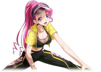 1girl artist_request asymmetrical_bangs bangle black_leggings black_sports_bra blue_eyes blush bracelet breasts cleavage clothing_cutout code_geass code_geass:_lost_stories collarbone cropped_jacket cropped_legs cross-laced_clothes cross-laced_leggings dappled_sunlight drawstring earrings euphemia_li_britannia female_focus game_cg happy hat hood hood_down hooded_jacket jacket jewelry leggings light_blush long_hair looking_at_viewer medium_breasts midriff multicolored_hat navel necklace non-web_source official_art open_clothes open_jacket open_mouth outstretched_arm pink_hair ponytail see-through_clothes see-through_jacket short_sleeves simple_background sitting smile solo sports_bra sportswear spread_legs stomach stretching stud_earrings sunlight sweat transparent_background visor_cap yellow_jacket zipper