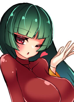 1girl absurdres blue_hair blunt_bangs bodysuit bodysuit_under_clothes breasts cropped_jacket gloves hand_up heart highres jacket large_breasts long_hair long_sleeves nintendo one_eye_closed pokemon pokemon_frlg red_eyes red_jacket sabrina_(pokemon) solo straight_hair turtleneck turtleneck_jacket upper_body white_gloves yasume_(cheap_melon_soda)